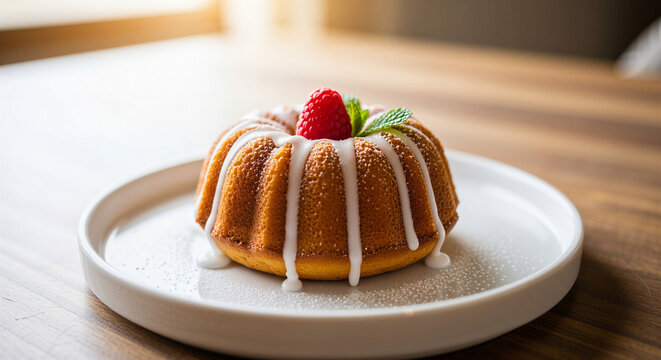 Mini bundt cake on plate with raspberry for bakery menu or food blog recipe presentation