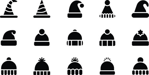 winter, holiday, festive, hats, icons, silhouette, Santa, beanie, party, pom‑pom, striped, decorative, design, illustration, vector, cartoon, symbol, fashion, celebration, season