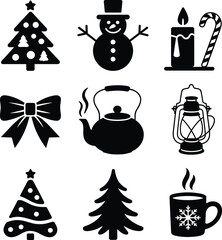 Christmas, winter, holiday, festive, icons, tree, snowman, candle, bow, teapot, lantern, mug, pine, celebration, season, illustration, vector, design, decoration, symbol