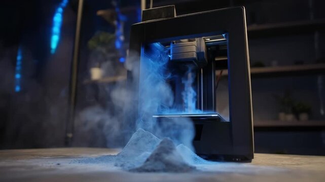 Medium shot capturing the calibration process of a powderbased 3D printer adjusting laser settings for uniform powder layering and precise sintering results.