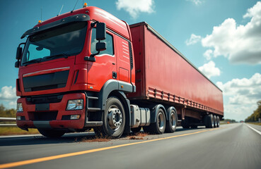 Fototapeta premium Big red semi truck drives on highway road. Truck has a large trailer. Front tire burst, causing debris on asphalt. Vehicle needs urgent roadside service due to wheel damage.