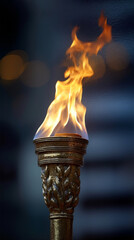 Bright flame from a torch illuminates the surroundings with a warm glow at twilight