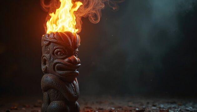 Carved tiki torch burns brightly with orange flames and wisps of smoke. The wooden idol has an ancient tribal face and sits on dark ground with debris. Night scene creates atmosphere.