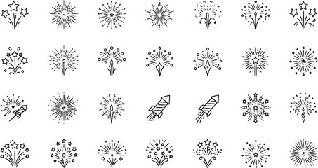Festive Fireworks Collection: Hand-Drawn Vector Icons for Celebrations and Special Occasions