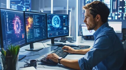 Expert Cybersecurity Analyst Working on High-Tech System in Modern Control Room - Powered by Adobe