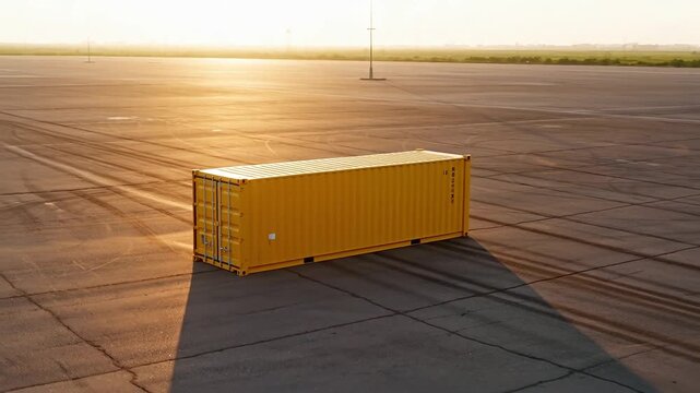 Large bright yellow cargo shipping container sits alone on an empty concrete paved commercial yard or airport runway during sunset