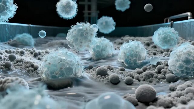 Medium shot capturing microbial flocs settling and recycling in a contact stabilization activated sludge setup.