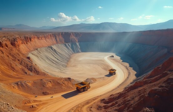 Large open pit mine with yellow haul trucks moving on dirt roads. Red brown rocky terrain under bright blue sky and sunbeams. Industrial site extracts valuable minerals.