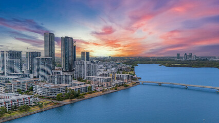 Fototapeta premium Wentworth Point a suburb in western Sydney newly built residential high rise apartments area on Parramatta River Sydney NSW Australia
