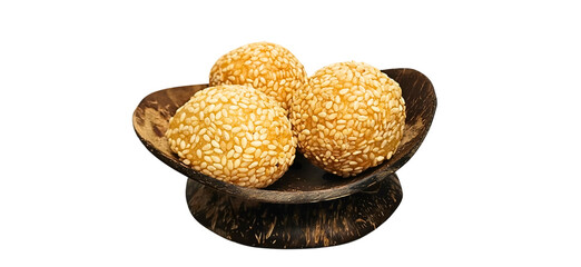 Asian Sesame Onde-Onde Snack Served in Wooden Bowl on Transparent Background