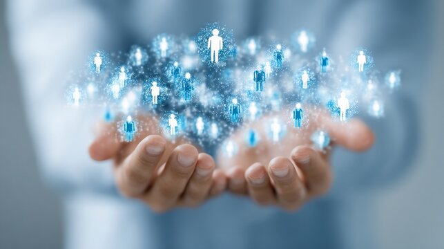 Hands cupping luminous icons of people, surrounded by connected dots