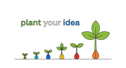 Cultivating innovation A minimalist sequence illustrating the transformative journey of a developing idea, from a small seed to a thriving concept