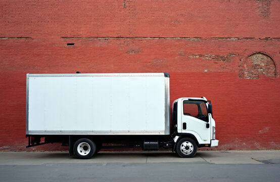 White box truck rests against textured red brick wall on city street. Clean, modern vehicle ready for delivery transport. Blank cargo space offers customization for businesses. Pro automobile sits in