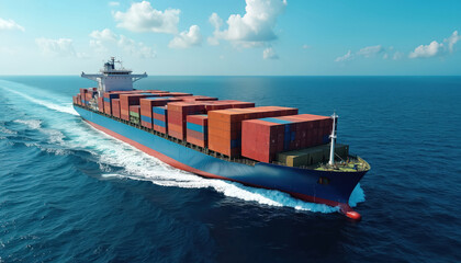 Large container ship sails across blue ocean waters leaving white wake. Cargo vessel transports goods globally under a clear sky with white clouds.