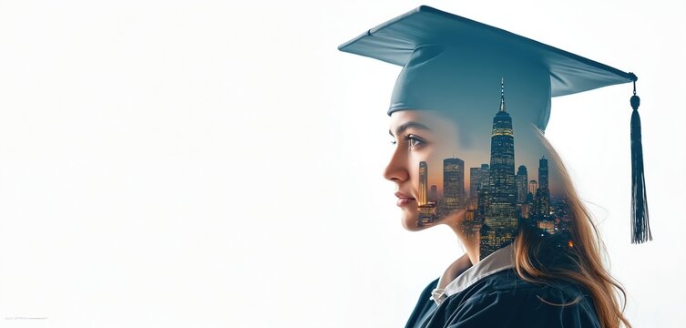 Young woman graduate wears cap gown. Double exposure blends profile with city skyline at night. Looks forward to urban career opportunities, future success. Concept of education leading to city life,