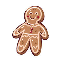 Smiling gingerbread man with icing details and red buttons. Cute cartoon doodle style christmas cookie for holiday cards, stickers, or festive decor, vector illustration.