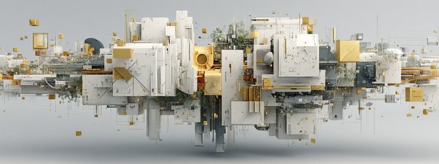 a stylized abstract art piece depicting a complex complex made of white and yellow materials reflected on water