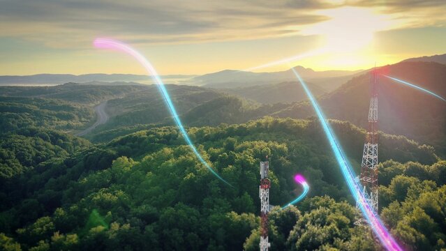Futuristic animation of radio wave signals from 5G towers in green hills at sunrise