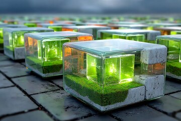 several cube containers filled with different colored plants and moss.