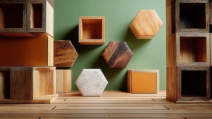 several wooden cubes arranged in a row against a mint green wall, with different colors of boxes and boxes