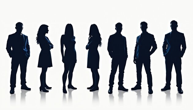 Seven diverse people in silhouette stand together. Men and women in formal attire represent a united team or group. They show diversity and unity for business or social purposes.