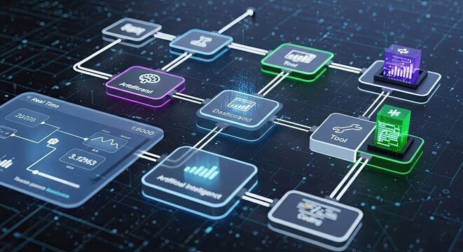 Configuration Interface Nodes Triggers Data Tool Dashboard Coding Icon Flow Process Technology AI. 3D Automation.