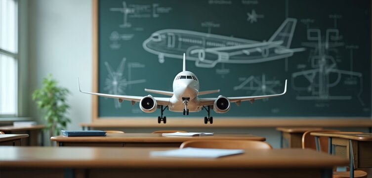 Airplane model sits on classroom desk. Blueprint of aircraft displayed on blackboard. Study aviation engineering, pilot training, future aerospace careers. Learn flight mechanics.