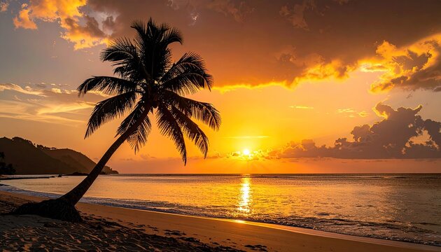 Serene tropical beach sunset with a silhouetted palm tree casting a long shadow over the golden sand and reflective ocean waves under a dramatic sky.