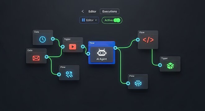 Debugging Interface Nodes Triggers Data Tool Dashboard Coding Icon Flow Process Technology AI. 3D Automation. - Powered by Adobe