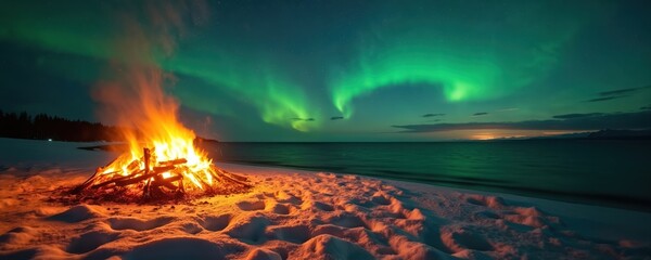 Beach bonfire burns on snowy shore at night. Green northern lights display in sky. Ocean waves crash on winter beach with footprints in snow. Firewood burns on beach at sunrise. Nature landscape with