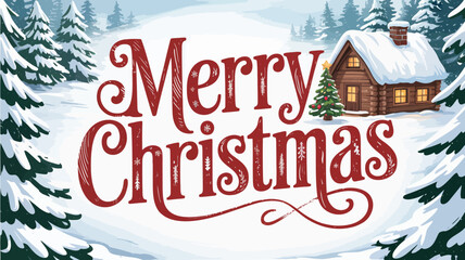 Cozy log cabin in snowy winter forest with merry christmas greeting and decorated tree