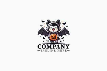 Fototapeta premium Cute Halloween Astronaut Bat Kid Vector – Adorable Cartoon Child in Bat Costume Holding Smiling Pumpkin, Kawaii Halloween Illustration with Bats and Stars, Perfect for Stickers, Merch, and Seasonal Gr