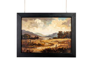 Framed rural landscape oil painting