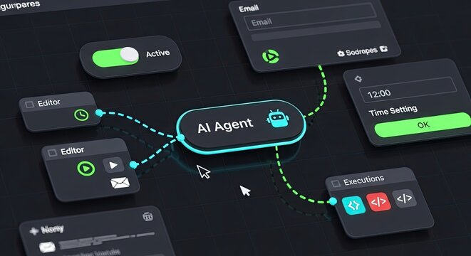 Financial Workflow Automation AI Software Interface Nodes Triggers Data Tool Dashboard Coding Icon Flow. 3D Process. - Powered by Adobe