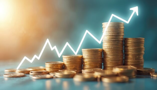 Stacks of gold coins show upward financial trend graph. Economic growth, profit increase, successful investment strategies. Concept of wealth accumulation, rising market value clear.