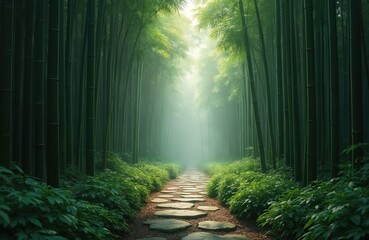 Bamboo forest path with mist. Trees stand tall near walkway. Tranquil scene shows serenity, with nature backdrop. Forest floor covered by foliage. Path guides viewer through dense woods, fog adds