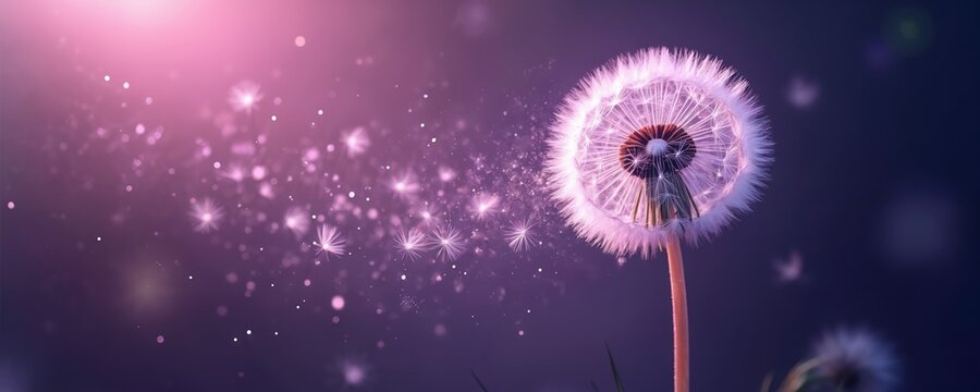 Dandelion seeds dispersing from flower head in purple light. Seeds floating in air. Dandelion blossom with fluffy white seeds on stem. Purple background with soft glow. Beauty of nature, botanical