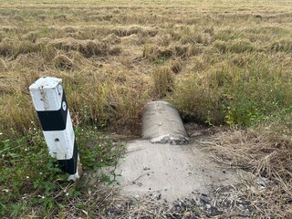An old wooden boat rests on a grassy beach near an old wooden bridge under a bright summer sky