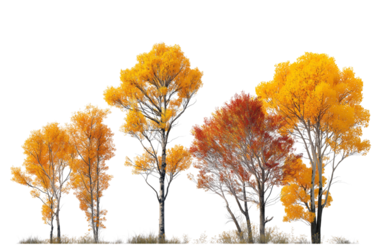 A group of trees showcasing their autumn leaves in shades of yellow, orange, and red, presented isolated on a transparent background