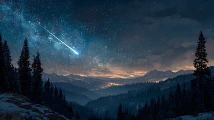 Mountain landscape with shooting star