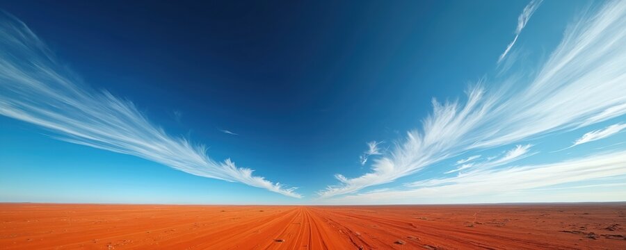 Vast outback landscape with red earth and brilliant blue sky. Wispy white clouds streak across horizon, empty dirt road leads onward. Sunlit scene conveys solitude and adventure.