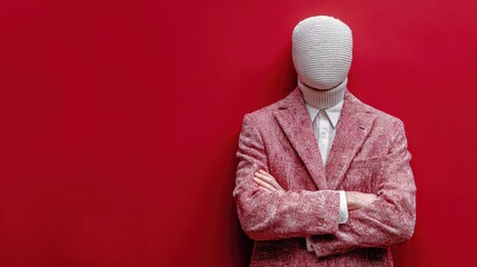 Mannequin poses before red backdrop