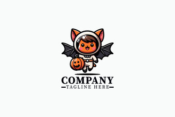 Obraz premium Cute Halloween Astronaut Bat Kid Vector – Adorable Cartoon Child in Bat Costume Holding Smiling Pumpkin, Kawaii Halloween Illustration with Bats and Stars, Perfect for Stickers, Merch, and Seasonal Gr