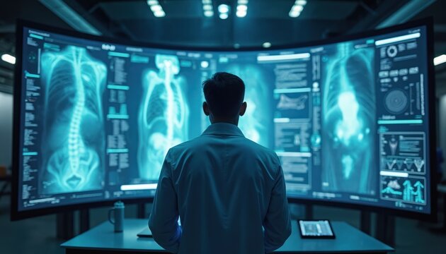 Man in white shirt stands in front of large screen displaying medical images of chest X-rays. Doctor analyzes digital data on computer screens in modern hospital laboratory. Advanced medical - Powered by Adobe