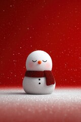a cute snowman lying on a white surface, with a red glittery background, in a cartoon style.  christmas, copy space solid red background