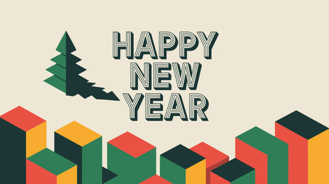 Happy new year greeting with stylized christmas tree and abstract geometric cityscape in retro colors