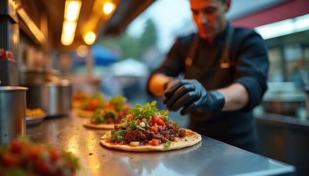 Chef in black gloves prepares fresh tacos with minced meat and cilantro at food truck counter. Colorful ingredients are visible on tortillas, ready for sale.