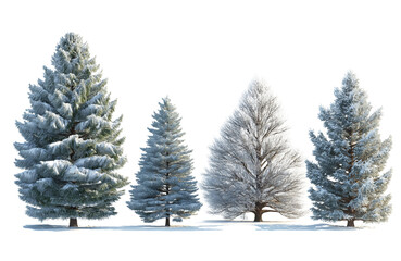 Fototapeta premium A group of four different types of snowcovered coniferous trees, isolated on transparent background