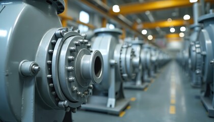 Fototapeta premium Many industrial pumps in factory. Electric motors provide automated machinery drive. Pump system ensures reliable energy output. Heavy machinery for power generation. Equipment installation,