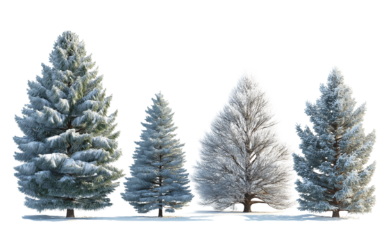 A group of four different types of snowcovered coniferous trees, isolated on transparent background